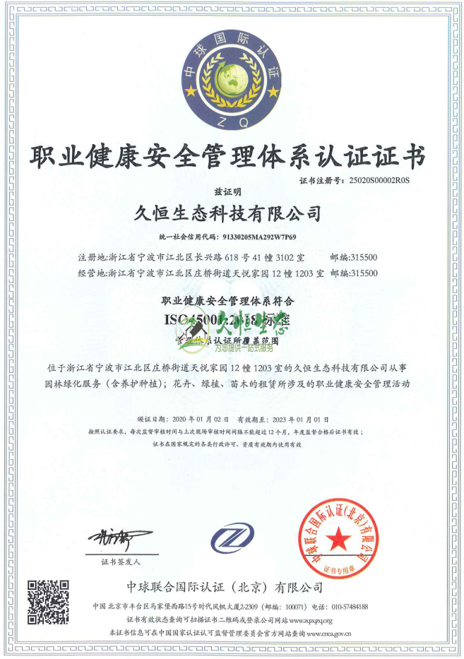 肥东职业健康安全管理体系ISO45001证书